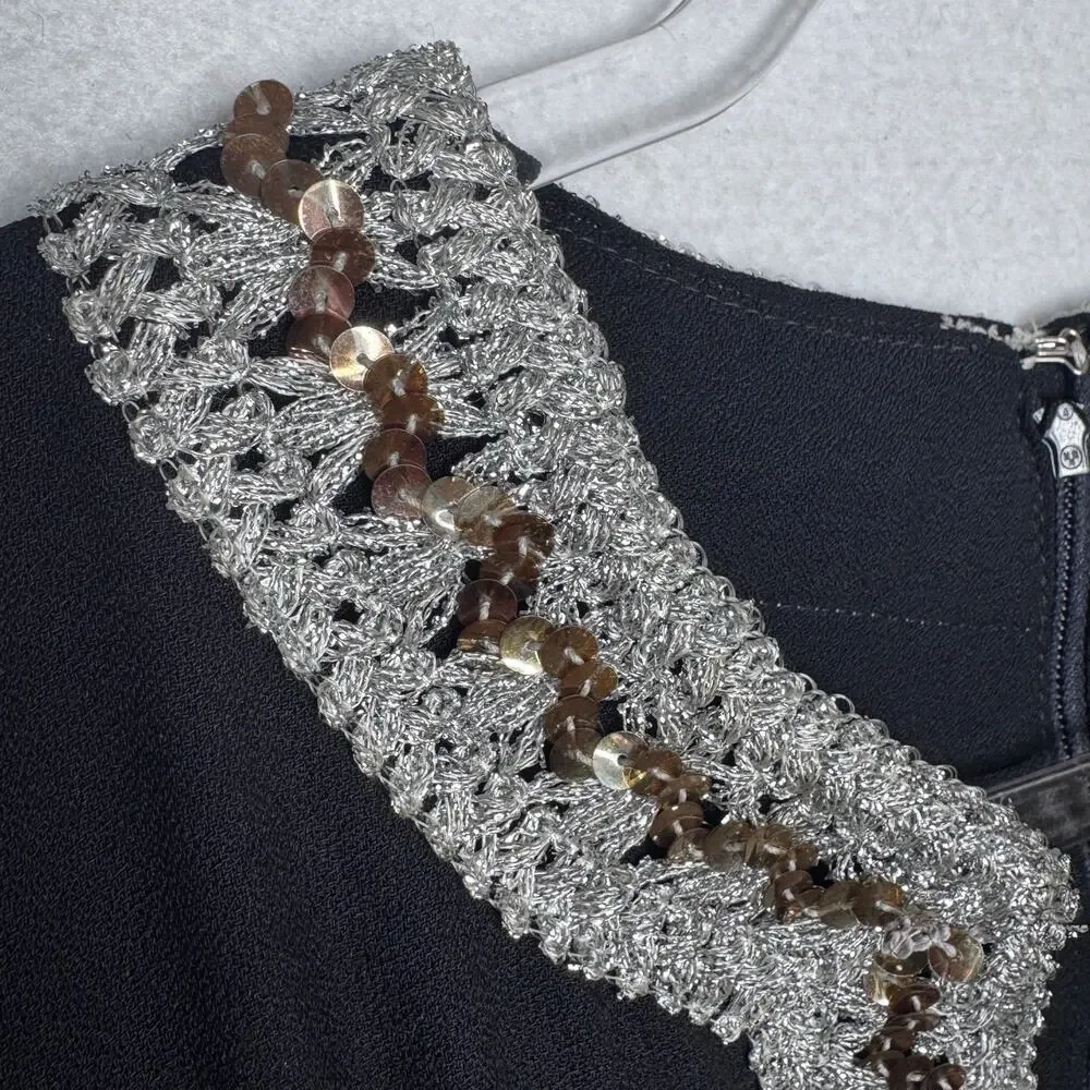 Vintage Black Silver Metallic Sequin Neck Shift A-Line Dress Cocktail M